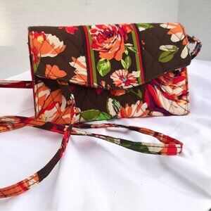 Vera Bradley Crossbody Wallet Purse Brown Pink Floral Tri-Fold Removeable Strap